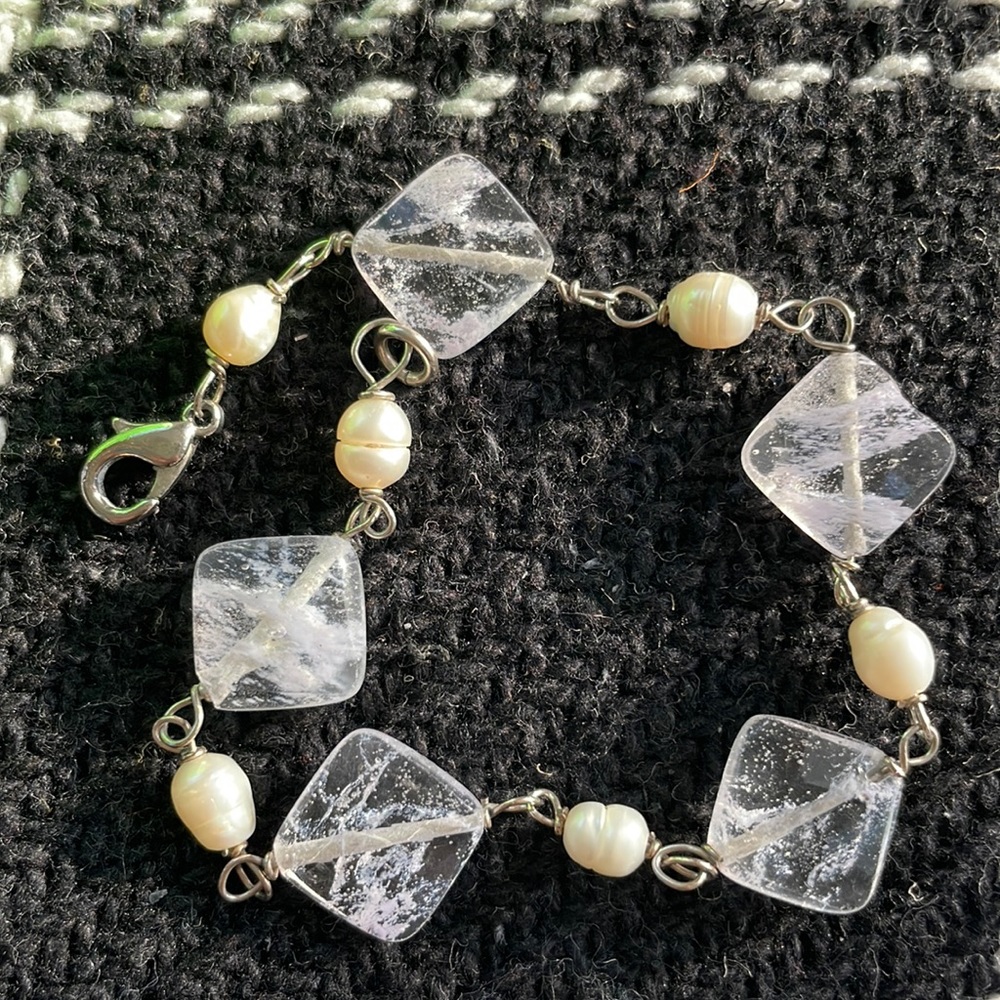 Quartz Crystal & Pearl Silver Bracelet, 8"